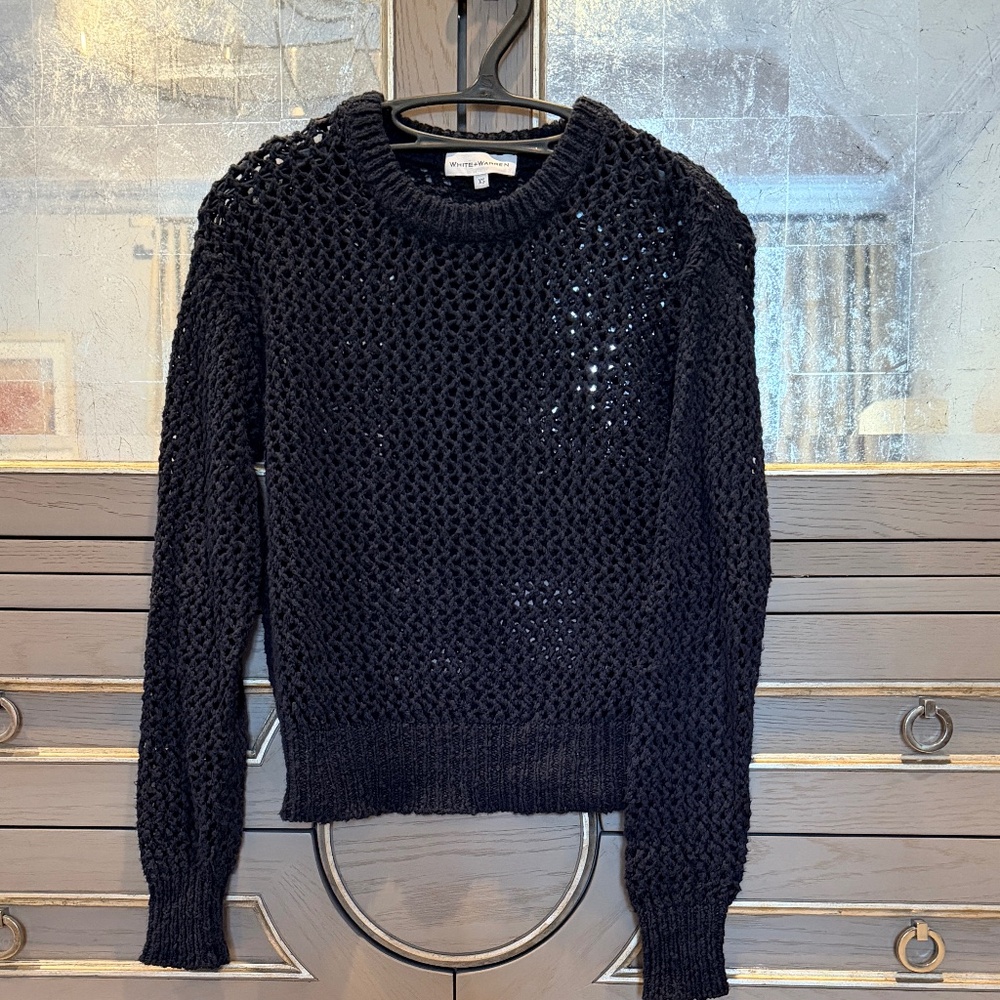 White + Warren Cotton Crochet NavySweater XS